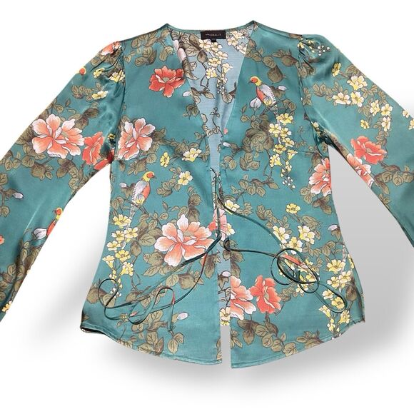 Majorelle Blouse Top Women Size S Green Floral Bird Print Long Sleeve Open Front - Picture 8 of 14
